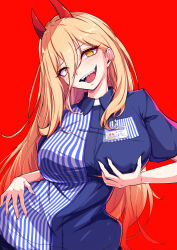 1girl absurdres alternate_breast_size blonde_hair blue_shirt breasts chainsaw_man collared_shirt cross-shaped_pupils demon_girl demon_horns employee_uniform grabbing_own_breast highres horns karan_koron100 large_breasts long_hair looking_at_viewer name_tag open_mouth power_(chainsaw_man) red_background red_horns sharp_teeth shirt simple_background solo striped_clothes striped_shirt symbol-shaped_pupils teeth vertical-striped_clothes vertical-striped_shirt yellow_eyes