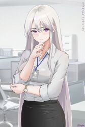 Rule 34 | 1girl, absurdres, alternate costume, artist name, azur lane, breasts, cabinet, chair, chieftain art13, closed mouth, collared shirt, computer, computer tower, cowboy shot, cubicle, desk, dress shirt, english text, enterprise (azur lane), file cabinet, finger to own chin, formal clothes, hand on own chin, highres, id card, indoors, lanyard, laptop, large breasts, long hair, monitor, office, office chair, office lady, pencil skirt, purple eyes, shirt, shirt tucked in, sidelocks, skirt, sleeves rolled up, solo, swivel chair, thinking, very long hair, watch, white hair, white shirt
