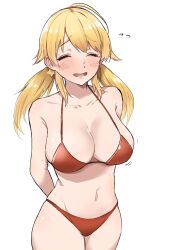 1girl bikini blonde_hair breasts cleavage closed_eyes collarbone cowboy_shot facing_viewer flying_sweatdrops gansio_ganen groin hachimiya_meguru highres idolmaster idolmaster_shiny_colors large_breasts navel red_bikini solo swimsuit white_background