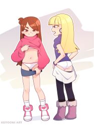 2girls angry ass black_thighhighs blonde_hair blue_skirt blush boots bra bracelet breasts brown_eyes brown_hair clothes_lift clothes_pull disney earrings eyes_visible_through_hair from_behind gravity_falls grey_skirt heart heart_print hoop_earrings jewelry keitoons_art loli long_hair long_sleeves looking_at_another looking_at_viewer looking_back mabel_pines multiple_girls navel open_mouth pacifica_northwest panties pink_boots pink_sweater print_boots purple_boots purple_eyes purple_shirt shirt short_sleeves skirt skirt_pull small_breasts smile socks standing sweater sweater_lift thighhighs underwear white_background white_bra white_panties white_socks