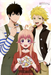 Rule 34 | 1girl, 2boys, 920-k, :d, absurdres, ahoge, animedia, apron, bell, belt, black choker, black eyes, black hair, black vest, blonde hair, choker, closed mouth, collarbone, cookie, copyright name, copyright notice, dress, earrings, food, green apron, highres, holding, holding cookie, holding food, jewelry, jingle bell, kazamatsuri kanshi, light smile, long hair, long sleeves, looking at viewer, magazine scan, multiple boys, neck bell, official art, open clothes, open mouth, open vest, otogi morihito, pink hair, purple eyes, red belt, red dress, scan, shirt, short hair, sidelocks, smile, striped clothes, striped shirt, teeth, upper teeth only, vest, wakatsuki niko, wand, white shirt, witch watch, yellow eyes