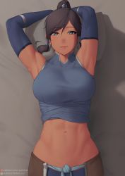 1girl abs armpits arms_up avatar_legends blue_eyes breasts brown_hair dark-skinned_female dark_skin elbow_gloves gloves groin hair_tubes high_ponytail highres korra large_breasts looking_at_viewer lying muscular muscular_female navel on_back pillow ponytail putcher sleeveless solo stomach the_legend_of_korra toned