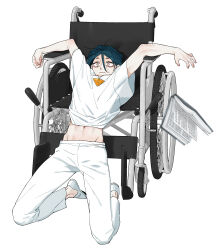 1boy absurdres arms_up blue_hair clothes_lift commentary_request constricted_pupils full_body highres kneeling looking_at_viewer maelo male_focus meguriya_ayumu navel pants sanpaku shirt shirt_lift shoes short_hair short_sleeves simple_background solo toshi_densetsu_kaitai_center triangle_necklace wheelchair white_background white_pants white_shirt white_shoes yellow_eyes