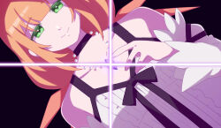 1girl armpit_crease bare_shoulders black_background black_choker choker closed_mouth collarbone detached_sleeves dress gem green_eyes hair_ornament hair_ribbon half-closed_eyes highres jewelry kingdom_hearts kingdom_hearts_x long_hair long_sleeves looking_at_viewer low_twintails necklace orange_hair orange_ribbon pearl_necklace purple_gemstone ribbon simple_background smile solo sparkle strelitzia_(kingdom_hearts) twintails upper_body very_long_hair w3n6ev white_dress