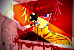 2boys absurdres aotsuki_eito black_gloves blood blood_on_clothes blood_splatter blue_eyes closed_mouth gloves hair_between_eyes highres male_focus messy_hair multiple_boys puzzle puzzle_piece red_eyes red_hair standing sumino_takumi the_hundred_line_-last_defense_academy- white_hair