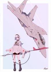 1boy 1girl aircraft airplane black_hairband canopy_(aircraft) cirque_du_ciel f-15 fighter_jet flying green_eyes hair_behind_ear hairband highres holding holding_lance holding_polearm holding_weapon id_card lance looking_to_the_side military military_vehicle nail_polish original personification pilot polearm red_nails short_hair signature smile vehicle_and_personification weapon white_hair