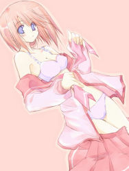00s 10mo 1girl blue_eyes blush bra brown_hair cameltoe female_focus komaki_manaka lingerie long_sleeves looking_at_viewer open_clothes open_shirt outline panties pink_background pink_theme pleated_skirt purple_panties red_hair school_uniform serafuku shirt short_hair skirt solo standing to_heart_(series) to_heart_2 underwear undressing unworn_skirt white_bra white_panties