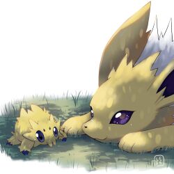 bug closed_mouth commentary_request creatures_(company) extra_eyes eye_contact game_freak gen_1_pokemon gen_5_pokemon grass highres jolteon joltik looking_at_another lying moshi2hitomoshi nintendo no_humans on_stomach pokemon pokemon_(creature) signature smile white_background yellow_fur