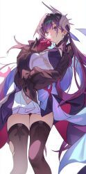 1girl absurdres black_thighhighs blue_eyes breasts commentary_request dress frilled_sleeves frills gloves headpiece highres honkai:_star_rail honkai_(series) hysilens_(honkai:_star_rail) large_breasts long_hair long_sleeves looking_up parted_lips red_gloves shotgunman simple_background skindentation solo thighhighs very_long_hair white_background