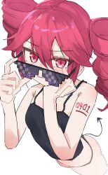 1girl adjusting_eyewear bare_shoulders black_panties black_shirt blush deal_with_it_(meme) demon_tail drill_hair from_above hand_on_eyewear hand_on_own_face highres kasane_teto looking_at_viewer meme number_tattoo panties red_eyes red_hair shirt sleeveless sleeveless_shirt solo sunglasses tail tattoo thinker25075754 twin_drills underwear upper_body vocaloid