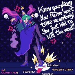 Rule 34 | anger vein, bakebake (touhou), cape, comet summoner98, dress, ghost tail, green eyes, green hair, hat, long hair, medallion, mima (touhou), pantyhose, pixel art, purple cape, stomping, strappy heels, sun print, tongue, tongue out, touhou, touhou (pc-98), witch hat, wizard hat