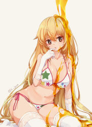 1girl arm_support artist_name bikini blonde_hair breasts brown_eyes cleavage commentary_request elbow_gloves finger_to_mouth gloves halterneck honey jam_(lc_jam) large_breasts leaning_to_the_side long_hair navel official_alternate_costume pouring print_bikini shokuhou_misaki shokuhou_misaki_(desired_swimsuit) side-tie_bikini_bottom sitting solo spider_web_print star-shaped_pupils star_(symbol) star_print string_bikini swimsuit symbol-shaped_pupils thighhighs toaru_kagaku_no_railgun toaru_majutsu_no_index toaru_majutsu_no_index:_imaginary_fest twitter_username very_long_hair white_background white_bikini white_gloves white_thighhighs yokozuwari