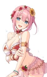 1girl absurdres artist_name bikini blue_eyes blush breasts flower hair_flower hair_ornament highres large_breasts looking_at_viewer masami_(souzou_jinsei_sanka) open_mouth pink_hair pink_skirt princess_connect! red_bikini red_flower red_rose rose simple_background skirt smile solo sunflower swimsuit thighs white_background white_bikini yui_(princess_connect!) yui_(summer)_(princess_connect!)