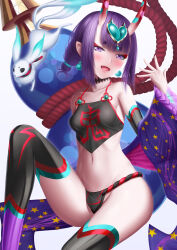 1girl animal bare_shoulders black_fundoshi black_thighhighs blush breasts chinese_clothes collarbone detached_sleeves dudou earrings eyeliner fate/grand_order fate_(series) forehead_jewel fundoshi gourd haku_(fate) highres horns japanese_clothes jewelry looking_at_viewer low_twintails makeup masatoki medium_breasts navel oni open_mouth pointy_ears purple_eyes purple_hair rope short_hair short_twintails shuten_douji_(fate) shuten_douji_(fate/grand_order) shuten_douji_(halloween_caster)_(fate) skin-covered_horns smile thighhighs thighs twintails