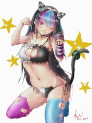 1girl asymmetrical_footwear bell black_gloves black_hair black_panties black_stripes blue_footwear blue_hair blue_thighhighs bow bow_panties breasts cat_lingerie cleavage closed_mouth collar collar_bell collarbone danganronpa_(series) danganronpa_2:_goodbye_despair ear_piercing female_focus fingerless_gloves gloves hair_horns hands_up jewelry kneeling large_breasts leg_tattoo lip_piercing long_hair meme_attire mioda_69ch mioda_ibuki mismatched_footwear mismatched_thighhighs multicolored_gloves multicolored_hair multicolored_panties multicolored_underwear navel neck_bell one_eye_closed one_glove panties piercing pink_footwear pink_hair pink_stripes pink_thighhighs purple_gloves ring signature simple_background smile solo star_(symbol) stomach striped_clothes striped_gloves tattoo thighhighs torn_clothes torn_legwear torn_thighhighs underwear white_background white_hair white_panties wink