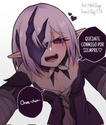 Rule 34 | 1girl, blush, breasts, dress, english text, eyepatch, heart, highres, honkai: star rail, honkai (series), looking at viewer, open mouth, pointy ears, polyxia (honkai: star rail), purple eyes, purple hair, short hair, simple background, small breasts, smile, solo, speech bubble, teeth, white background, wifi saga