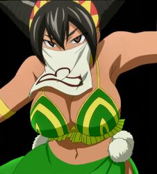 belly_dancer_outfit bikini_top black_hair breasts dark-skinned_female dark_skin fairy_tail headband large_breasts libra_(fairy_tail) mask navel third-party_edit