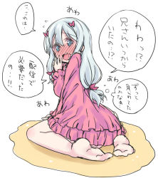 1girl barefoot blue_eyes blush bow bulbonne dress embarrassed eromanga_sensei feet female_focus flying_sweatdrops frilled_dress frilled_sleeves frills from_behind grey_hair hair_bow hand_to_own_mouth hand_up izumi_sagiri japanese_text leaning_forward long_hair long_sleeves looking_at_viewer looking_back low-tied_long_hair nose_blush open_mouth pee peeing peeing_self pink_bow pink_dress puddle saliva simple_background sitting sketch solo speech_bubble talking text_focus translation_request wariza wavy_mouth white_background