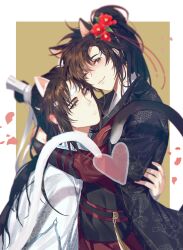 Rule 34 | 2boys, animal ears, black bridal gauntlets, black hair, black hanfu, blush, bridal gauntlets, brown background, brown eyes, brown hair, cat boy, cat ears, cat tail, chinese clothes, closed mouth, couple, falling petals, flower, hair flower, hair ornament, hair ribbon, hanfu, headband, heart, high ponytail, highres, hug, jujeop, kemonomimi mode, korean commentary, lan wangji, long hair, long sleeves, looking at another, looking at viewer, male focus, modao zushi, multiple boys, one eye closed, petals, ponytail, red flower, red petals, red ribbon, ribbon, robe, sidelocks, smile, sword, tail, topknot, upper body, weapon, wei wuxian, white hanfu, white headband, wide sleeves, xiao guan (headdress), yaoi, yaopei, yellow eyes