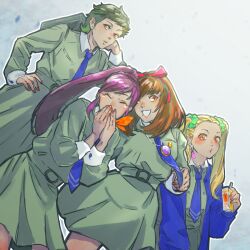 4girls alternate_hair_color ayase_yuka bag bandaid bandaid_on_neck belt blonde_hair blue_cardigan blue_necktie blush brown_hair cardigan closed_eyes collared_shirt covering_own_mouth earrings freckles green_hair grey_belt grey_jacket grey_skirt hair_ornament hair_ribbon hair_scrunchie hairclip hand_on_own_hip highres holding holding_bag holding_juice_box jacket jewelry juice_box kirishima_eriko long_hair looking_at_viewer mayuzumi_yukino mole mole_under_mouth multiple_girls neckerchief necklace necktie open_mouth orange_eyes orange_nails orange_neckerchief persona persona_1 ponytail purple_hair red_ribbon ribbon school_bag school_uniform scrunchie shirt short_hair simple_background skirt smile sonomura_maki tori_(bromaticbrotrap) twintails