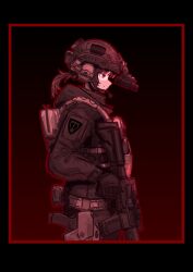 Rule 34 | 1girl, ar-15, assault rifle, belt, black border, black gloves, black hair, black helmet, black jacket, border, bulletproof vest, closed mouth, combat helmet, dark background, ear protection, from side, gloves, gun, handgun, headset, helmet, highres, holding, holding gun, holding weapon, holster, hood, hood down, hooded jacket, jacket, long sleeves, military combat uniform, military uniform, night vision device, original, outline, ponytail, red eyes, red outline, red theme, rennn (ilobeste), rifle, sig sauer, sig sauer p320, solo, upper body, weapon