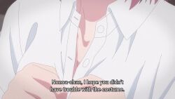 1girl 2.5_jigen_no_ririsa amano_ririsa animated anime_screenshot breasts cleavage collarbone head_out_of_frame highres large_breasts pink_hair shirt short_hair sound subtitled tagme unbuttoning video white_shirt