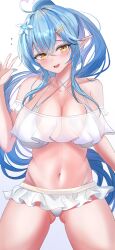 1girl absurdres ahoge bare_shoulders bikini blue_hair blue_nails blush breasts cleavage cowboy_shot elf gradient_hair heart heart_ahoge high_ponytail highres hololive large_breasts long_hair multicolored_hair pink_hair pointy_ears ponytail see-through_clothes see-through_shirt shirt simple_background solo strapless swimsuit tube_top two-tone_hair very_long_hair virtual_youtuber waniwani_(wasabiwaniwani) white_background white_bikini white_tube_top yellow_eyes yukihana_lamy