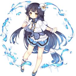 1girl ankle_garter ark_order blue_bow blue_dress blue_shoes blush bow breasts bun_cover capelet cleavage detached_sleeves double_bun dress flower footwear_ribbon full_body hair_bun horns legs lotus official_art open_mouth ribbon shoes short_sleeves solo sparkle tachi-e thigh_bow thigh_strap transparent_background tsukimi_(xiaohuasan) two_side_up wangliang_(ark_order) water white_capelet wrist_cuffs yellow_eyes yellow_ribbon