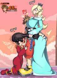 Rule 34 | 1boy, 2girls, absurdres, afterimage, ashley (warioware), assisted fellatio, bisexual female, black hair, blonde hair, blue dress, blue eyes, blush, breasts, brown hair, captain kirb, dress, drooling, earrings, fellatio, fingerless gloves, from side, full body, gameplay mechanics, gloves, grabbing another&#039;s ass, grabbing another&#039;s hair, grabbing another&#039;s twintails, groping, half-closed eyes, highres, huge breasts, jewelry, kingdom hearts, kneeling, long hair, long sleeves, looking at another, mario (series), motion lines, multiple girls, nintendo, open mouth, oral, penis, profile, pulling another&#039;s hair, red dress, red eyes, red footwear, rosalina, saliva, saliva trail, shoes, short hair, short jumpsuit, size difference, sneakers, sora (kingdom hearts), standing, star (symbol), star earrings, super mario galaxy, super smash bros., taller female, tongue, tongue out, twintails, uncensored, unzipped, warioware, white gloves, wide-eyed, yellow footwear, zipper