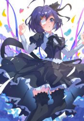 Rule 34 | 1girl, :o, ahoge, black bow, black bowtie, black corset, black ribbon, black thighhighs, blue eyes, blue hair, blue ribbon, blush, bow, bowtie, breasts, chuunibyou demo koi ga shitai!, clothes lift, collared shirt, commentary, confetti, corset, eyelashes, eyepatch, feet out of frame, film grain, floating hair, frilled bow, frilled corset, frilled skirt, frilled sleeves, frilled thighhighs, frills, gothic lolita, hair between eyes, hair bow, hair intakes, hair ornament, hair ribbon, hairclip, hands up, highres, huge ahoge, iriya (pixiv68685836), layered sleeves, lolita fashion, long skirt, long sleeves, looking at viewer, medical eyepatch, medium breasts, medium hair, official alternate costume, one eye covered, open mouth, parallel hairclips, petticoat, pink ribbon, puffy short sleeves, puffy sleeves, ribbon, shirt, short over long sleeves, short sleeves, simple background, skirt, skirt lift, solo, standing, takanashi rikka, tareme, thighhighs, w arms, white background, white shirt, wind, wind lift