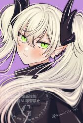 1girl black_jacket bush fate/grand_order fate_(series) gevanni_satsuki green_eyes highres horns jacket lilith_(fate) lilith_(second_ascension)_(fate) long_hair looking_at_viewer pointy_ears pout purple_background solo twintails upper_body white_hair