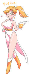 1girl alcohol beer beer_mug blonde_hair blush boots breasts commentary_request copyright_request cup dress full_body heart highres holding holding_cup long_hair looking_at_viewer mug one_eye_closed one_side_up open_mouth side_ponytail sideboob simple_background sleeveless sleeveless_dress solo standing striped_blush translation_request ukiwagirl white_background white_dress yellow_boots yellow_eyes