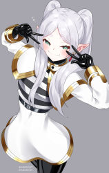 1girl absurdres black_bodysuit bodysuit bodysuit_under_clothes capelet commission double_v dress earrings elf frieren gold_trim green_eyes grey_background highres jewelry latex latex_bodysuit long_hair looking_at_viewer maguro27 pixiv_commission pointy_ears skin_tight smile solo sousou_no_frieren twintails v white_capelet white_dress white_hair