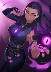 absurdres bodysuit breasts chest_jewel clothing_cutout earrings elbow_gloves energy energy_ball fingerless_gloves gloves glowing glowing_eye glowing_eyes highres hoop_earrings jewelry kagematsuri lips looking_at_viewer medium_breasts nail_polish o-ring o-ring_top parted_lips purple_eyes purple_hair reyna_(valorant) sash skindentation slit_pupils solo tattoo thigh_cutout valorant