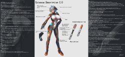 1girl absurdres blue_hair bodysuit breasts character_profile colossus_(natsukaze_shigure) covered_erect_nipples covered_navel english_text full_body giant giantess gloves hair_ornament hand_on_own_hip headgear high_heels highres impossible_bodysuit impossible_clothes large_breasts looking_at_viewer magical_girl natsukaze_shigure original science_fiction short_hair skin_tight solo standing white_bodysuit