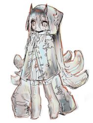 1girl coat commentary_request full_body grey_eyes grey_hair highres hood hood_up horns korean_commentary long_hair looking_at_viewer original senmaze simple_background sleeves_past_wrists solo standing tentacle_hair tentacles very_long_sleeves white_background