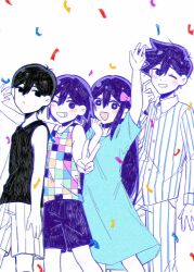+_+ 1girl 3boys :d ;d absurdres antenna_hair arm_at_side arm_up arms_at_sides aubrey_(headspace)_(omori) aubrey_(omori) bailan1130 bare_arms bare_shoulders behind_another black_eyes black_hair black_tank_top blue_dress blue_pants blue_shirt blush brothers buttons checkered_clothes chinese_commentary chromatic_aberration collared_shirt colored_skin commentary_request confetti double-parted_bangs dress empty_eyes expressionless eyebrows_hidden_by_hair feet_out_of_frame foreshortening grin hair_behind_ear hair_between_eyes hand_on_own_chin hand_up hatching_(texture) hero_(headspace)_(omori) hero_(omori) highres kel_(headspace)_(omori) kel_(omori) long_hair long_sleeves looking_at_viewer medium_dress multiple_boys no_pupils omori omori_(omori) one_eye_closed open_mouth outstretched_arm pants purple_eyes purple_hair purple_shorts shirt short_hair short_sleeves shorts siblings simple_background slit_pupils smile standing striped_clothes striped_pants striped_shirt striped_shorts tank_top two-tone_pants two-tone_shirt v v-shaped_eyebrows vertical-striped_clothes vertical-striped_pants vertical-striped_shirt vertical-striped_shorts very_long_hair very_short_hair white_background white_pants white_shirt white_shorts white_skin