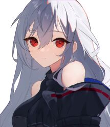1girl absurdres arknights ascot bare_shoulders black_ascot black_shirt chromatic_aberration closed_mouth commentary expressionless grey_hair hair_between_eyes highres long_hair looking_at_viewer portrait red_eyes shirt simple_background skadi_(arknights) skadi_(elite_ii)_(arknights) solo staring white_background worimehl