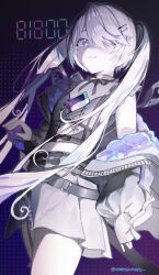 1girl :3 absurdres closed_mouth detached_collar frilled_shirt frills grey_hair grey_jacket grey_shirt grey_skirt happyongdal highres hololive hololive_english jacket koseki_bijou koseki_bijou_(casual) long_hair metal_wings official_alternate_costume official_alternate_hairstyle purple_eyes purple_jacket quilted_jacket shirt skirt solo sword tomato_(sword) twintails virtual_youtuber weapon