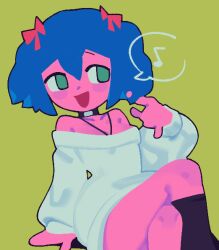 1girl 4chan black_collar black_socks blue_hair bow bury_pink_gril collar colored_skin drawfag green_background green_eyes hair_bow hand_in_own_hair hand_on_floor hand_up jewelry musical_note necklace outline pink_skin red_bow simple_background sitting socks solo speech_bubble spoken_musical_note sweater thighs twintails white_sweater