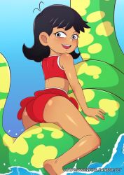 1girl ass barefoot bikini black_hair body_freckles dark-skinned_female dark_skin flat_chest freckles from_behind light_blush loli looking_at_viewer looking_back medium_hair morfinared nickelodeon red_bikini solo stella_zhau straddling swimsuit tagme the_loud_house water watermark web_address