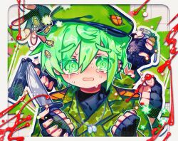1boy @_@ black_gloves black_shirt blood blush border bullet crying crying_with_eyes_open dot_nose explosive extra_arms fingerless_gloves fingernails flippy_(happy_tree_friends) gloves green_hair green_hat green_jacket grenade grey_background grey_border grid_background gun hair_between_eyes halftone handgun happy_tree_friends hat highres holding holding_gun holding_knife holding_weapon jacket jewelry knife looking_at_viewer male_focus necklace omoyu_(nakyu715) open_mouth outside_border personification portrait shirt short_hair simple_background solo straight-on tears weapon
