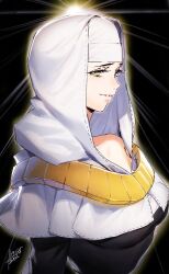 1girl arms_at_sides artist_name azusa_(hws) bare_shoulders black_background black_dress bodhisattva breasts buddhist_nun collarbone commentary_request dated demon_girl dress fate/extra fate/extra_ccc fate/grand_order fate_(series) gold_necklace grin jewelry large_breasts long_dress long_sleeves looking_at_viewer mature_female necklace no_ears nose nun pale_skin partial_commentary pink_lips pink_nails sessyoin_kiara simple_background smile solo sunburst upper_body white_coif wide_sleeves yellow_eyes