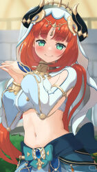1girl aqua_bow aqua_eyes armpit_cutout blue_gemstone blue_skirt blurry blurry_background blush bow chuson_illust circlet closed_mouth clothing_cutout commentary crop_top dancer fake_horns gem genshin_impact gold_trim hands_clasped_in_delight hands_up head_tilt headdress highres horns long_hair looking_at_viewer midriff navel nilou_(genshin_impact) outdoors own_hands_together parted_bangs puffy_sleeves red_hair skirt smile solo upper_body veil white_veil