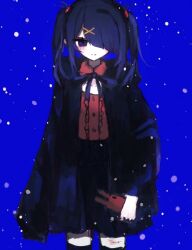 1girl 4_(nn_1_zo) ame-chan_(needy_girl_overdose) black_coat black_eyes black_hair black_skirt black_thighhighs blue_background blush coat hair_ornament hair_over_one_eye holding holding_phone hood hood_down looking_at_viewer neck_ribbon needy_girl_overdose phone ribbon short_twintails sidelocks skirt smile snow snowing thigh_cutting thighhighs twintails upper_body x_hair_ornament