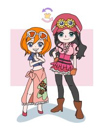 2girls black_thighhighs blue_eyes boots brown_boots chibi eyelashes eyewear_on_head hand_on_own_hip hat highres julgi_0 koala_(one_piece) long_hair multiple_girls nico_robin one_piece orange_hair pink_sarong pink_shirt sarong shirt short_hair sidelocks skirt smile thighhighs