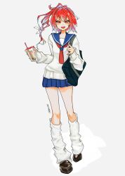1girl alternate_costume bag blue_hair blue_sailor_collar blue_skirt bubble_tea cup disposable_cup full_body grey_background hair_ornament highres holding holding_cup i-168_(kancolle) kantai_collection kusomisoni leg_warmers long_hair long_sleeves looking_at_viewer multicolored_hair neckerchief open_mouth pleated_skirt red_eyes red_hair red_neckerchief ribbon sailor_collar school_bag school_uniform serafuku shoes side_ponytail simple_background skirt solo standing twitter_username white_leg_warmers white_ribbon x_hair_ornament