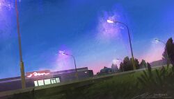 artist_name blue_sky cityscape commentary day grass lamppost neon_lights neon_sign no_humans original outdoors scenery signature sky tree zandra