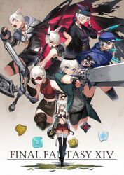 1girl ainezu animal_ears warrior_of_light_(ff14) black_choker black_dress black_footwear black_headwear black_shorts black_thighhighs blue_eyes blue_headwear boots brown_skirt cat_ears character_request choker coat copyright_name dress final_fantasy final_fantasy_xiv green_coat grey_shirt gun gunblade gunbreaker_(final_fantasy) hat headset highres holding holding_gun holding_weapon jewelry looking_at_viewer machinist_(final_fantasy) maid miniskirt miqo&#039;te multiple_views necklace ninja_(final_fantasy) one_eye_closed open_clothes open_coat open_mouth parted_lips rabbit_ears reaper_(final_fantasy) red_shirt sage_(final_fantasy) scythe shirt short_hair shorts skirt smile standing thighhighs weapon white_hair