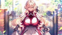 1girl amakano_3 aqua_eyes black_gloves blonde_hair breasts brick_wall closed_mouth curtsey day dress frilled_dress frills gate gloves hair_between_eyes huge_breasts light_particles light_rays long_hair looking_at_viewer maid maid_headdress multicolored_dress outdoors piromizu puffy_short_sleeves puffy_sleeves red_dress scarlet_ikaruga_wistaria short_sleeves skirt_hold solo wavy_hair white_dress